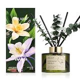 Airkeep Reed Diffuser Set with 6.76 fl oz Cashmere Vanilla Scent Essential Oils and 3 Leaves & 8 Diffuser Sticks,Bathroom Shelf Decor & Air Freshener, House Bedroom Office Decor & Gifts