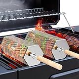 ivtivfu Rolling Grill Basket, Removable Wooden Handle, 304 Stainless Steel, Nesting Grilling Tools, Smoker BBQ Accessories for Vegetable, Outdoor Cooking Camping, Birthday Gifts for Men Dad Husband