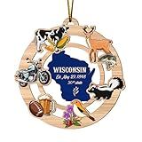 WODORO Christmas Decor Wisconsin State USA America 2D FLAT (NOT 3D) Wooden Ornaments for Christmas Tree Decorations 3.54 inches, Rear Mirror Hanging Car Accessories, Unique Gifts for Him Men Her Women