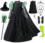 RuuYiicoco 11Pcs Witch Black Costume Dress for Girls Halloween Set with Hat Cape Boom (7-8 Years, Black)
