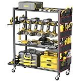 WALMANN 4-Tier Rolling Power Tool Storage Cart, Large Drill Organizer with Slots for 12 Drills, Floor Standing Cordless Tool Rack with Wheels for Garage & Workshop