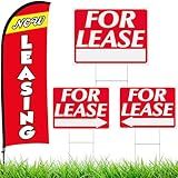 Buryeah 4 Set Now Leasing Sign Now Leasing Feather Flag Banner Pole Kit 3 Pack for Lease Double Sided Directional Arrows Sign with Metal Stakes for Estate Flags Business Advertising Outside(Red)