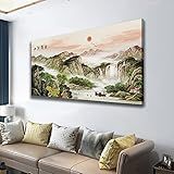 Canvas Print Chinoiserie Style Shan Shui Beautiful Mountains and Rivers Rising Sun in the East Art Poster for Living Room Decor 11.8x20.5inch Innerframe