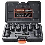 YEKEPRO 10Pcs Bolt Nut Extractor Set, 1/2" Drive Impact Twist Lug Nut Removal Socket Tool, Stripped For Damaged, Frozen, Studs, Rusted, Rounded-Off Bolts, Nuts & Screws, Cr-Mo Steel, T12210