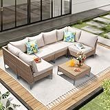 JOYURE 7 Piece Wicker Patio Furniture Set,Outdoor Conversation Sectional Sofa w/Coffee Table,All-Weather Outdoor Sofa with Thick and Anti-Slip Cushions for Deck,Poolside,Garden,Beige