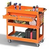 Pelnuies 3 Tray Tool Cart with Drawers, 400 LBS Capacity Rolling Tool Carts on Wheels, Heavy Duty Utility Cart with Pegboard, Mechanic Tool Storage Cart for Garage, Warehouse and Repair Shop, Orange