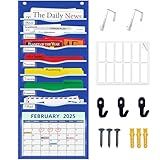 ALSLEA 15" Extra Wide Hanging File Organizer with 8 Pockets - Heavy Duty Classroom Pocket Chart, Wall Mounted Document Organizer with Writable Clear Pocket, 5 Wall/ Door Hooks & 12 Labels (Blue)