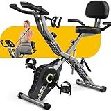 Goimu Exercise Bike, 5 in 1 Foldable Stationary Bike for Seniors, 16-Level Adjustable Magnetic Resistance, Indoor Workout Bike with 330LB Capacity, Comfortable Seat Backrest X-bike (Grey-1)