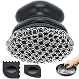 Cast Iron Scrubber with Scraper, Palm 316 Cast Iron Cleaner Chainmail Scrubber with Ergonomic Grip, for Griddles,Grill Pan Skillet Wok Carbon Steel, Oven Metal Brush Cleaning Kit