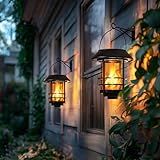 Otdair Solar Lanterns Outdoor Waterproof, 2 Pack Flickering Flames Wall Garden Decor with Glass Shade, Hanging Solar Lights Wall Mount Decorations for Halloween, Front Porch, Patio, Yard