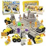 BEIREG Magic Sand Construction Kit - 3lbs Sand, 5 Vehicles, 11 Molds, 8 Tools, 7 Signs, 4 Workers, Building Toys for Ages 3-8+
