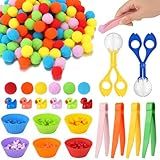 228 Pcs Colorful Sensory Bin Filler Fine Motor Toys Counting Sorting 120Pcs Pom Pom 90Pcs Mini Resin Duck 12Pcs Sorting Cups 4Pcs Tweezers 2Pcs Scissors Clips for Preschool Early Education