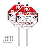 T&R Large No Trespassing Private Property Sign Video Surveillance Sign with 36" Stake for Outside - 2 Pack - 12"x12" .040 Rust Free Heavy Aluminum, Reflective, Waterproof, Weatherproof and Fade