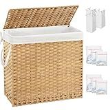 SETVSON Laundry Hamper with Lid Laundry Basket 132 L (35 Gal) Wicker Clothes Hamper, Handwoven Rattan Hamper with Handles and 4 Removable Liner Bags, 6 Mesh Bags for Laundry Bedroom Natural