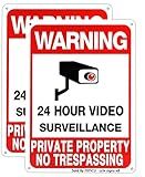 Large No Trespassing Signs Private Property Metal,Warning 24 Hour Video Surveillance Sign 10x14 Aluminum UV Printed,Durable/Weatherproof Up to 7 Years Outdoor for Home and Business (2-Pack)