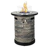 BAIDE HOME Outdoor Propane Fire Pit Table, Round Porcelain Tile Top 22" Fire Bowl Column W/ 40,000 BTU Firepit Table Auto-Ignition 400D Cover Glass Rocks for Outside Patio