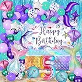 146Pcs Mermaid 5th Birthday Decorations Kit for Kids little Mermaid 5th Birthday Party Banner Balloon Arch Tablecloth Fringe Tail Shell Star Foil Balloon for Girls Mermaid 5th Birthday Party Supplies