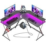 SEVEN WARRIOR L Shaped Gaming Desk with LED Lights & Power Outlets, 50.4” Computer Desk with Monitor Stand, Corner Desk with Carbon Fiber Surface, Gaming Table with Hooks, Black