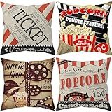 Soothirty Vintage Movie Theater Throw Pillow Covers for Sofa Couch, Red Popcorn Cushion Covers,Movie Night Filmstrip Pillowcase Cinema Ticket Film Decor 18x18 Inch Set of 4