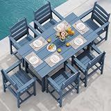 SERWALL 7 Pcs Outdoor Dining Set, 1 Umbrella Hole Table & 6 Chairs, Blue
