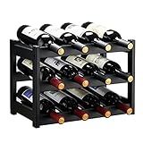 VASMIA Bamboo Wine Rack, Sturdy and Durable Wine Storage Cabinet Shelf, Wine Racks Countertop for Pantry,Kitchen,3-Tier 12 Bottles Wine Rack Black