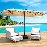 LEVELEVE 15FT Large Patio Patio Umbrella with Base & Solar LED Lights - Double-Sided,Kahaki