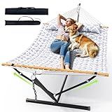 ANAGOO Double Hammock with Stand for Outdoor, Heavy Duty Portable Hammock with Adjustable Steel Stand for Patio, Garden, Beach, Backyard - Includes Carrying Bag,White Grey