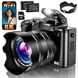 8K Digital Camera, 88MP WiFi Cameras for Photography with 3.2" Touchscreen, 16X Zoom Autofocus Vlogging Camera for YouTube Video, Anti-Shake, Dual Camera, 2 Batteries, 64GB Card, Flash, Lens Hood