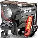 Bike Lights for Night Riding with Bell, Super Bright Bicycle Reflectors, USB Rechargeable Bike Lights Front and Back, Water-Resistant, 4+5 Modes Headlight Taillight Set for Safety, Men, Women & Kids