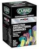 CURAD Performance Series IRONMAN Antibacterial Bandages, Extreme Hold Adhesive Technology, Finger & Knuckle Bandages, Flexible Fabric, Variety Pack with Assorted Sizes & Colors, 50 Count
