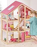 Tiny Land Wooden Dollhouse for Girls - 6 Rooms Wooden Doll House, DIY Pretend Doll House with 31Pcs Furniture Accessories, Creative Gift for Girl Ages 3+