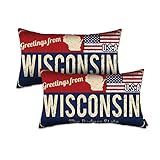 Wisconsin Throw Pillow Cover 12x20 Set of 2, Wisconsin Decor Gift Souvenir, American Flag License Plate Lumbar Pillowcase, Greetings from The Badger State(WI, USA) - Cushion Case Sham, No Inserts