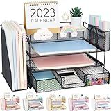 OPNICE Desk Organizer and Accessories, 4-Tier Desktop File Organizer with Drawer and 2 Pen Holders, Office Desk Accessories, Workspace Organizers for Office Supplies(Black)