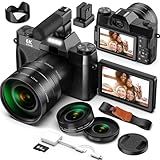 Yatao Digital Cameras for Photography and Vlogging, 6K 64MP Flip Screen, Dual Lens, Microphone for Video, 64GB TF Card, Compact Photo WiFi Camera for YouTube Kit Travel, Beginners (Black)
