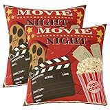 Vintage Movie Theater Throw Pillow Covers For Sofa Couch,Grunge Red Cinema Popcorn Pillow Covers,Movie Night Filmstrip Cushion Covers,Cinema Ticket Film Decorative Pillow Covers,18x18 Set of 2
