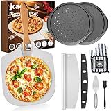 Pizza Peel Pizza Pan Set, 7Pcs Pizza Oven Accessories, 12 Inch Metal Paddle (12"x 14") with Foldable Wooden Handle, 2 Pizza Pans, Rocker Cutter, Pizza Server, Oven Mitts, Oil Brush