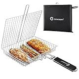 JY COOKMENT Grill Basket Stainless Steel with Portable Removable Handle, Grilling Basket-BBQ Accessories for Vegetable, Shrimp, Fish, Steak and Outdoor Use-Dishwasher Safe