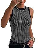 CHICME Women’s Rhinestone Mock Neck Sleeveless Knit Tank Top Slim Fit Sparkly Basic Top Slim Fit Party Y2K Outfit-bk-L A-Black