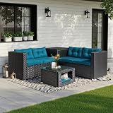 VINGLI 4 Pieces Outdoor Sectional Wicker Patio Furniture with Storage, Patio Sectional Sofa Outdoor Couch Conversation Set, Glass Top Coffee Table for Backyard, Pool, Garden(Black)