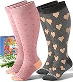 Lalapapa Wide Calf Bamboo Viscose Compression Socks for Women Men - 2 Pairs 15-20 mmHg Knee High Wide Calf Graduated Compression Socks, Plus Size, for Nurses, Pregnancy, Travel, Polka and Heart, 2XL