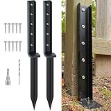 CKLT One-Piece Fence Post Repair Kit 2-Pack Heavy Duty Post Anchor 32in Metal Sturdy Ground Stakes for Repairing Tilted and Broken Wooden Fence, Black