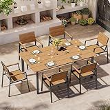 Oasbira Outdoor Dining Set, Patio Table and Chairs Set with Umbrella Hole, 7 Pieces HDPS + Aluminum Patio Dining Furniture Set for Backyard, Garden (Gray & Teak)