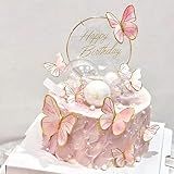 Pink Butterfly Cake Toppers, 11pcs Cupcake Toppers Happy Birthday Metal Gold Topper for Girls Women's Party Decorations