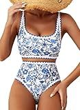 Herseas Women's Bikini Sets Floral Print Whip Stitch 2 Piece Modest Swimsuits High Waisted Scoop Padded Blue Bathing Suits Small