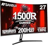SANSUI 27 Inch Curved Gaming Monitor 200Hz 1ms with Speakers FHD 1080P Computer Monitor FreeSync|1500R|130% sRGB|HDR|Low Blue Light|HDMI DP Ports|VESA Mount|Metal Stand(HDMI Cable Incl.)