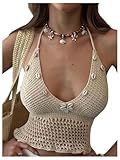 SHENHE Women's Crochet Halter Top Seashell Open Back Tie Backless Boho Beach Resort Crop Top Tank Khaki Large