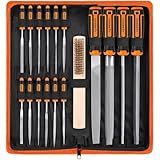 REXBETI 25Pcs Metal File Set, Premium Grade T12 Drop Forged Alloy Steel, Flat/Triangle/Half-round/Round Large File and 12pcs Needle Files with Carry Case, 6pcs Sandpaper, Brush, A Pair Working Gloves