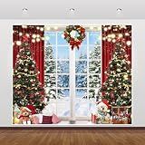 Christmas Backdrop 10x8ft Vinyl Christmas Window Winter Snow Forest Xmas Tree Photoshoot Backdrop Garland Photography Background Xmas New Year Festival Party Decorations Booth Props