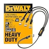 DEWALT 100W Smart USB-C to USB-C Splitter – Data Transfer & Fast Charging, 1-to-3 Output, Kevlar Reinforced, 6ft Heavy-Duty for Laptop, MacBook, iPad, Android, Samsung, iPhone, Works w/Carplay