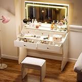 COMHOMA Vanity Desk with LED Lights Mirror & Power Outlet, Small Makeup Vanity Table Set with 5 Storage Drawers, 3 Lighting Modes & Adjustable Brightness, Dressing Table for Women Girls Bedroom, White